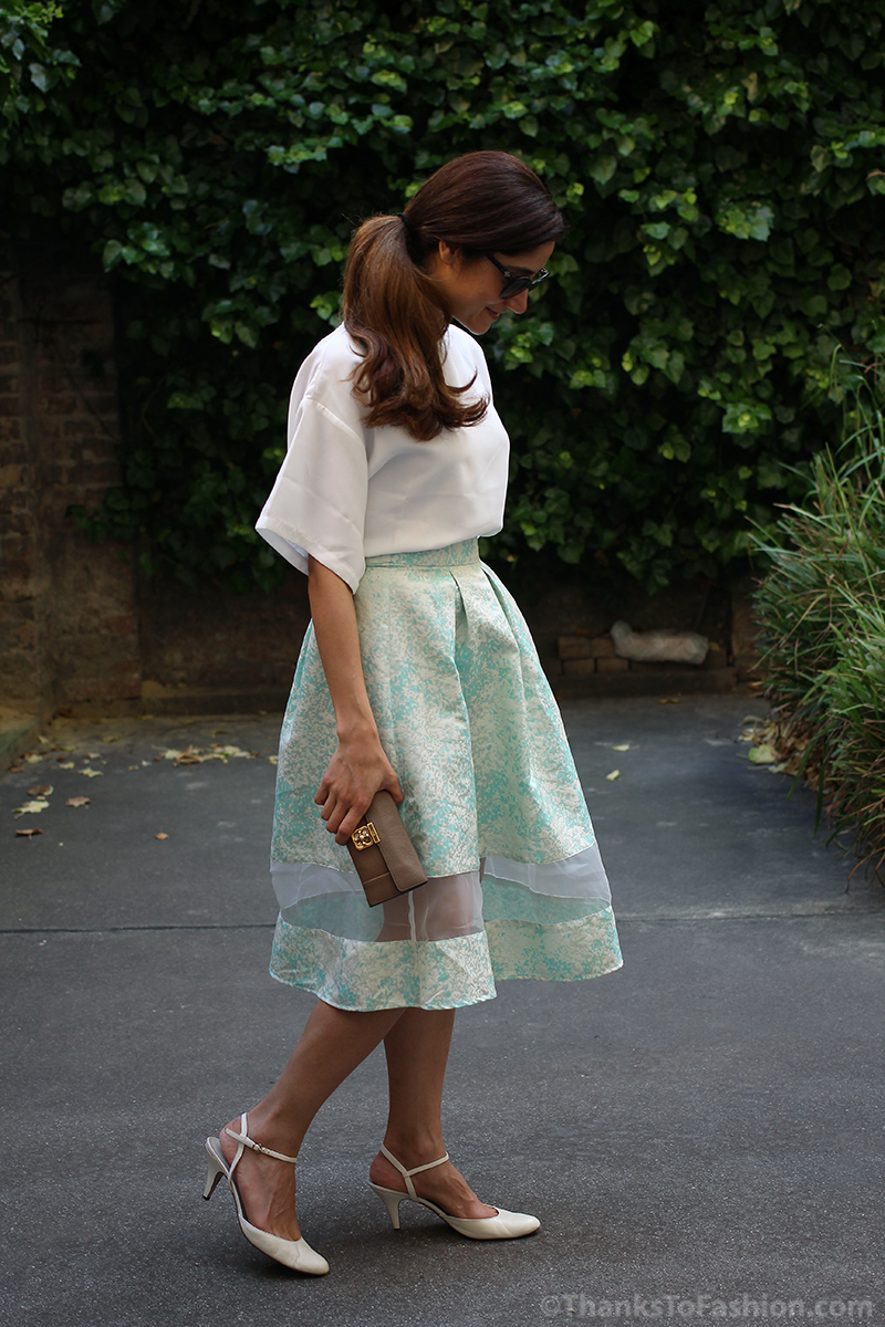 Pastel midi skirt with sheer paneling